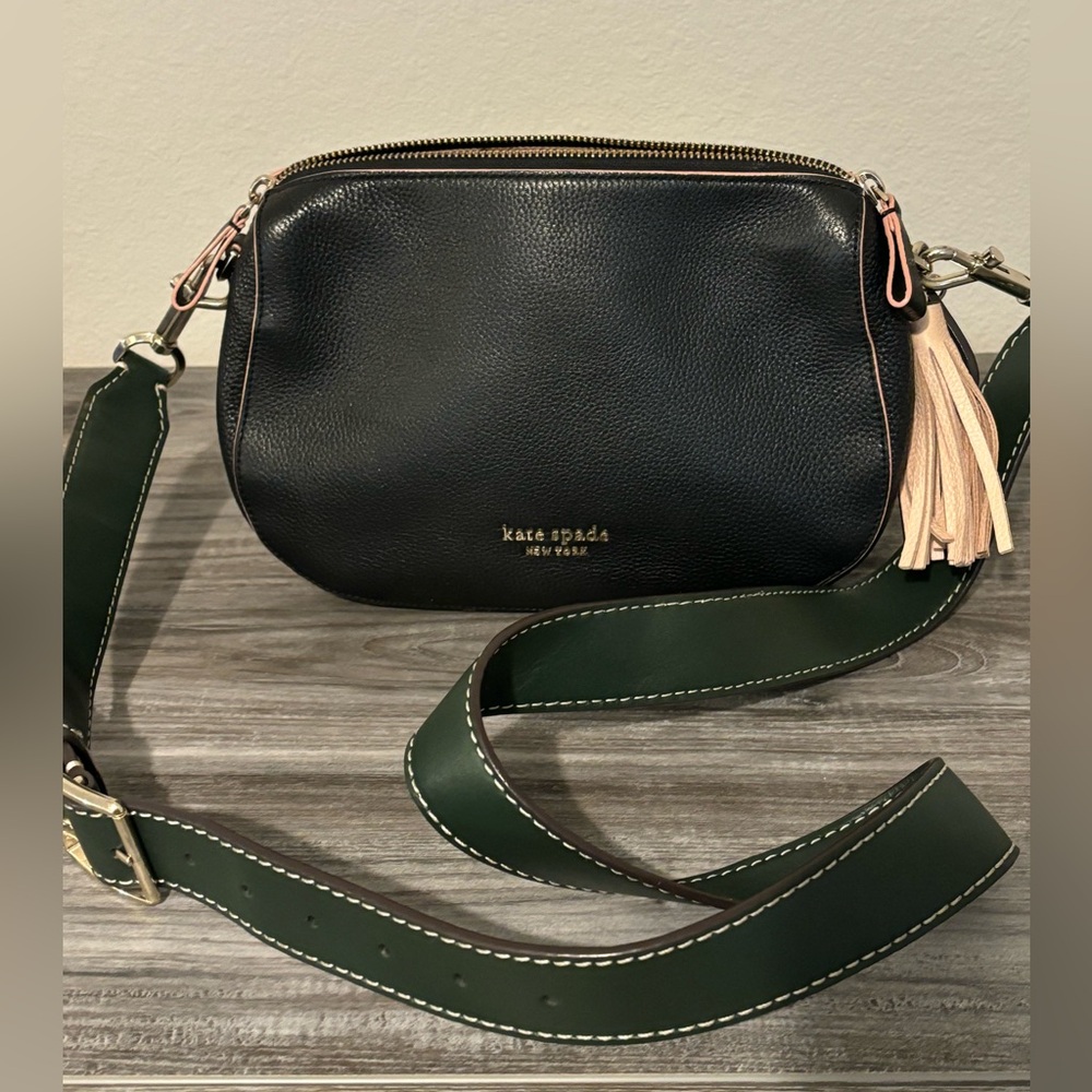Kate Spade black crossbody, pink trim, dark green strap